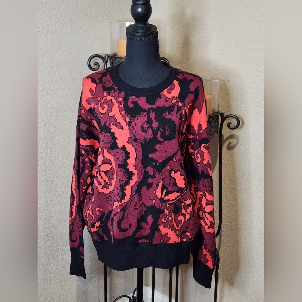 Tahari Bordeaux Red and Black Patterned Sweater. NWT. Size XL